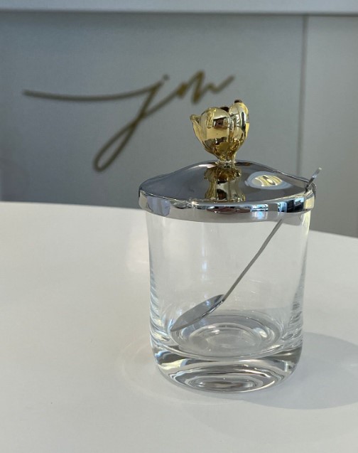 Pote De Geleia Em Aço Detalhe Flor Com Colher