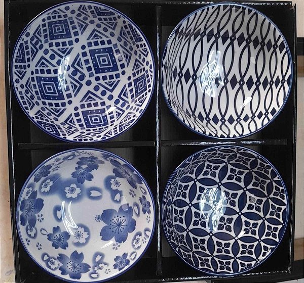 Jogo De 4 Peças Bowl Azul/ Branco 13x7cm