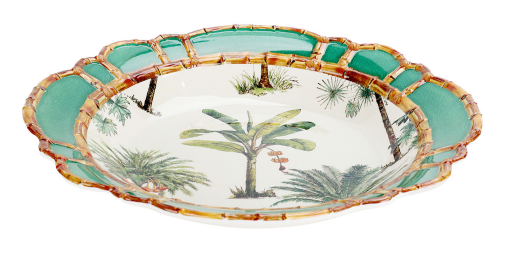 Saladeira De Resina Com Borda Bambu e Desenho Branco e Verde 38cm