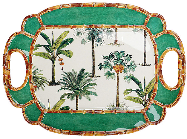 Bandeja De Resina Com Borda Bambu e Desenho Branco e Verde 50,5x36cm
