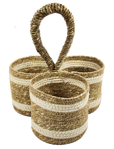 Porta Talher De Palha Formato Cesto Redondo Com Detalhe Branco 21x23cm