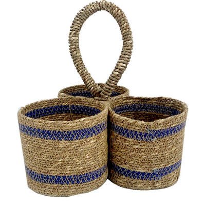 Porta Talher De Palha Formato Cesto Redondo Com Detalhe Azul 21x23cm