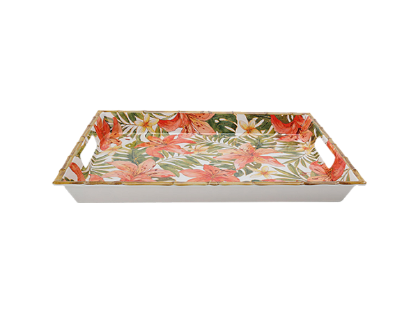 Bandeja De Resina Com Borda Bambu Estampa Colorida 50x35,8x4,8cm