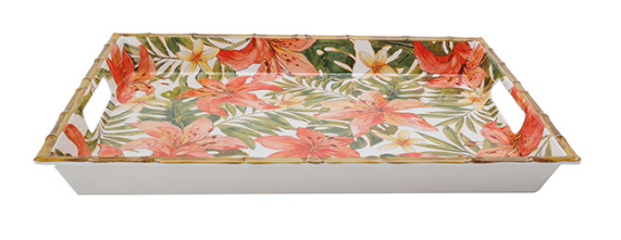Bandeja De Resina Com Borda Bambu Estampa Colorida 50x35,8x4,8cm