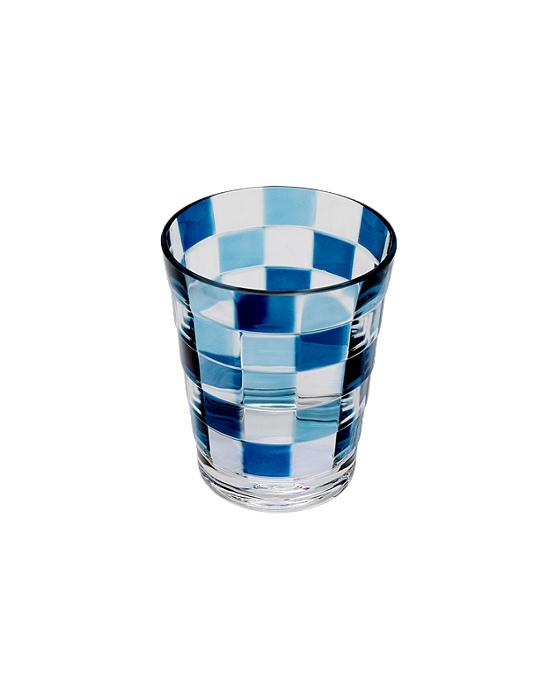 Jogo De 6 Peças De Copos Baixos Em Acrílico Com Detalhe Xadrez Azul 470ml