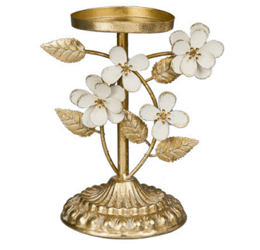 Castiçal De Metal Em Pétalas G Branco e Dourado 17x12x20cm