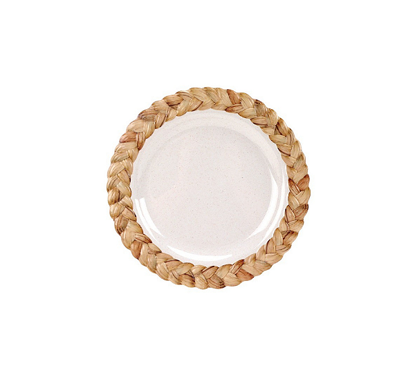Jogo De 6 Pratos Para Sobremesa Em Resina Com Borda Tranças Branco e Laranja 22x2cm