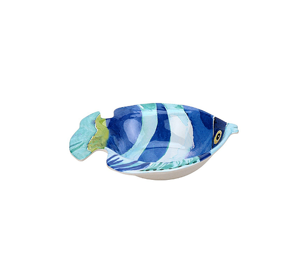 Saladeira Com Formato De Peixe Listrado Em Resina Azul Claro e Escuro e Verde 33x32x8cm
