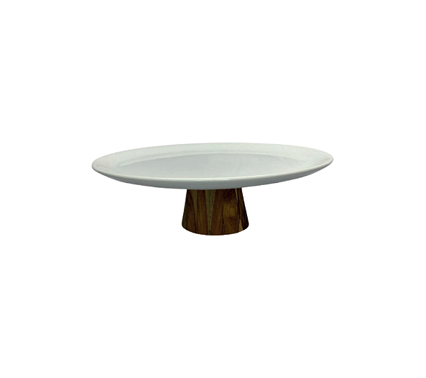 Boleira Em Cerâmica Com Base De Madeira Teca Branco 35x13cm