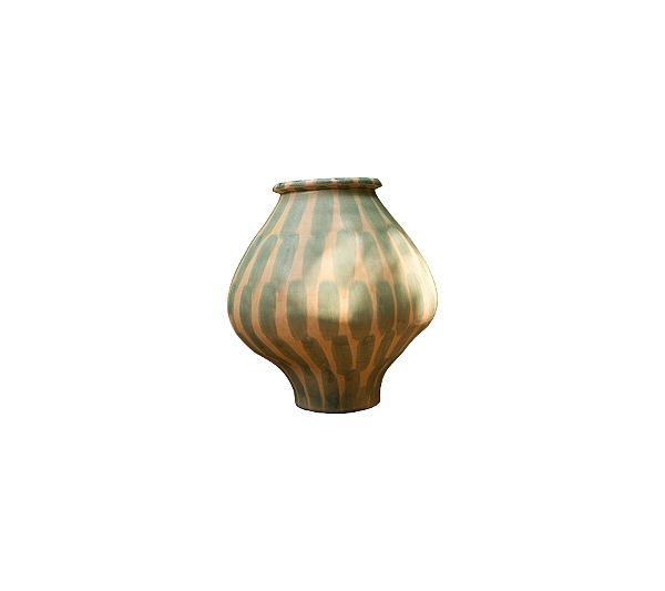 Vaso Em Cerâmica Bojudo Com Estampa Verde e Amarelo 36x33x32cm