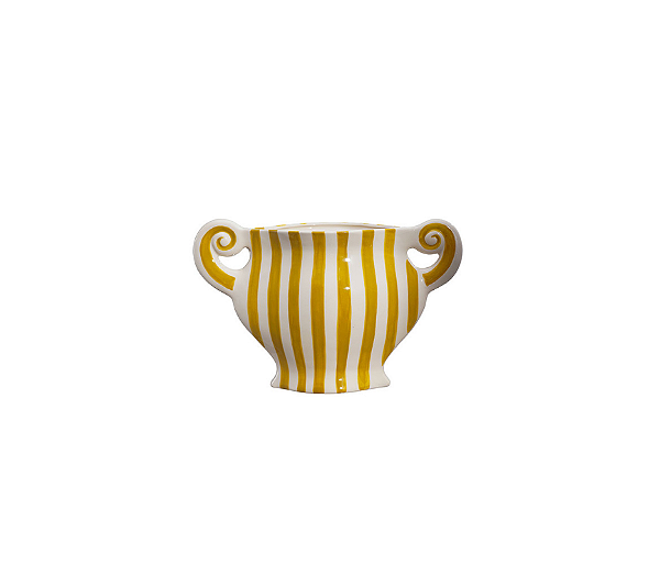 Vaso Ânfora Em Cerâmica Com Alça Listras Amarelas e Brancas 14x36x27cm