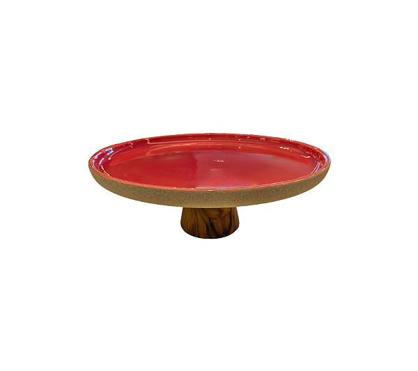Sousplat Em Cerâmica Com Base De Madeira Rogue Vermelho Terroso 33x13cm