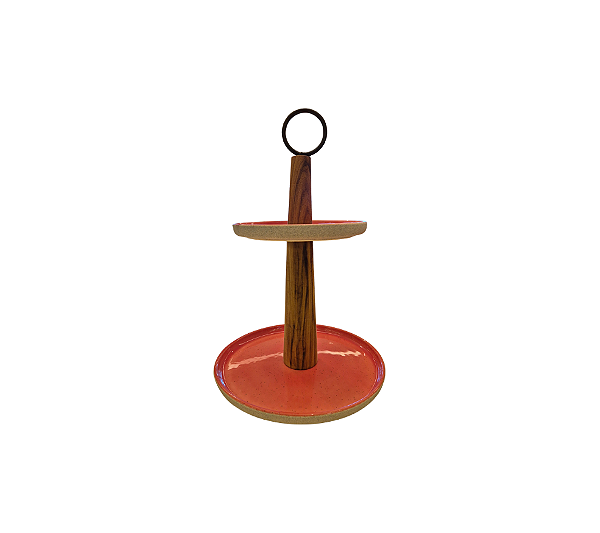 Boleira 2 Andares Com Alça Em Cerâmica Base De Madeira Rogue Vermelho Terroso 43x29cm