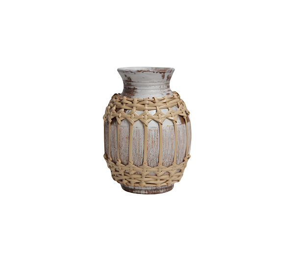 Vaso Em Cerâmica Com Detalhe Palha Natural Cinza 29x19cm