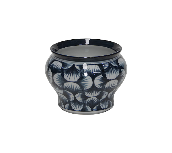 Cachepot Redondo Em Porcelana Estampado Azul Escuro e Branco