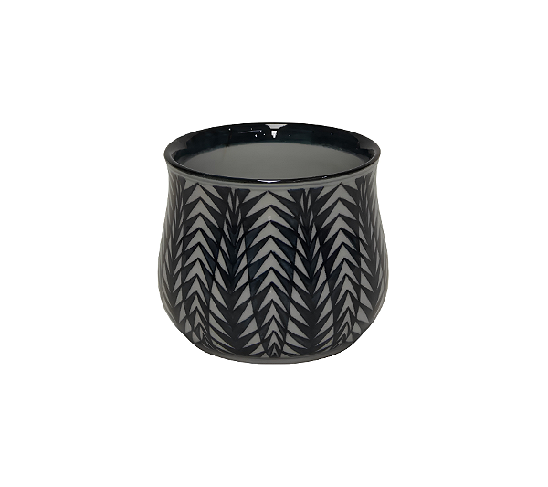 Vaso Redondo Em Porcelana Estampa Geométrica Azul Escuro e Branco 13x14cm