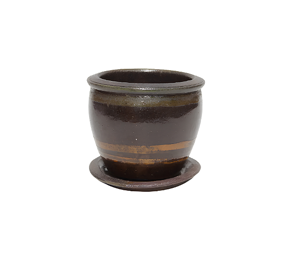Vaso Em Cerâmica Com Prato Acabamento Esmaltado Rústico Marrom 17x19cm
