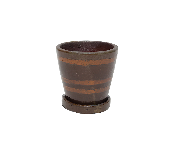 Vaso Cilindro Em Cerâmica Com Prato Acabamento Esmaltado Rústico Marrom 16x16cm