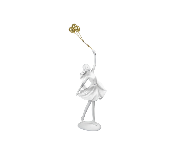 Escultura Menina Com Balão Em Resina Branco e Dourado 32x12x9cm