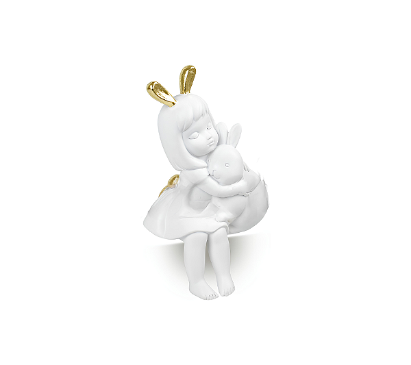Escultura Menina Com Coelho Em Resina Branco e Dourado 23x13x11cm