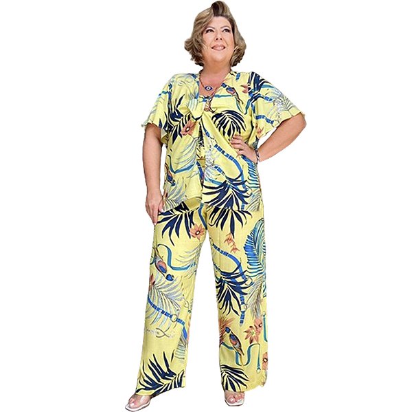 Conjunto 3 Pçs Estampado Kimono, Cropped e  Calça