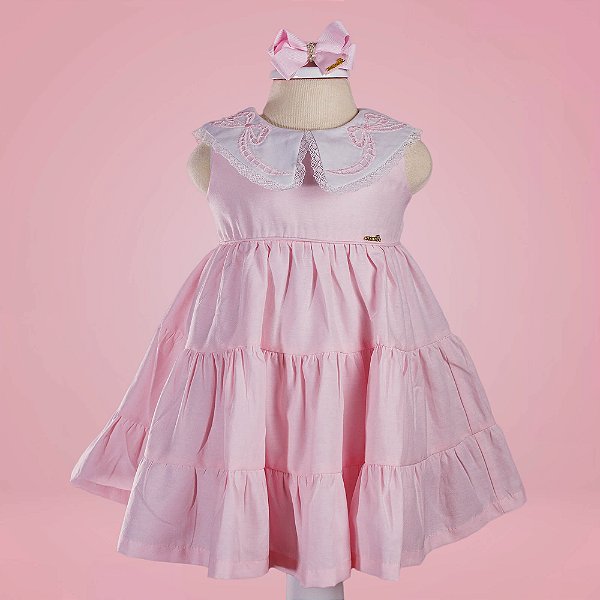 Vestido Infantil Gola Rechilieu Rosa Roana