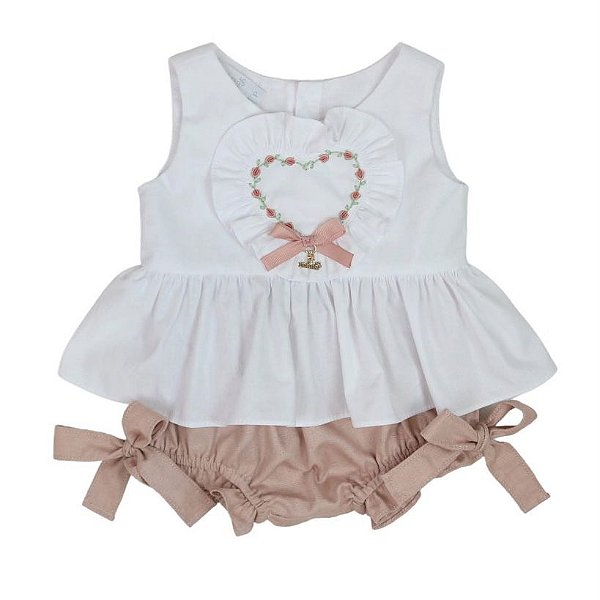 Conjunto Bata Com Culote ou Short Menina Coração De Rosas Roana - Rosa Seco