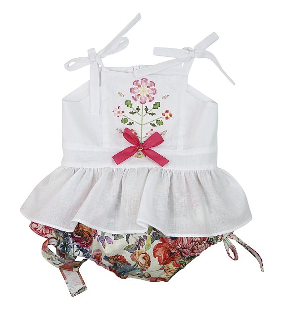 Conjunto Bata Com Culote ou Short Menina Bordado De Flores Roana - Branco