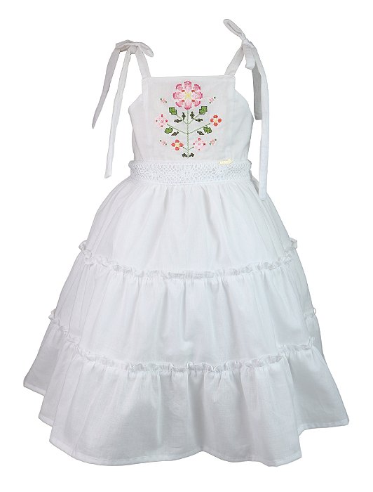 Vestido Infantil Bordado De Flores Branco Roana