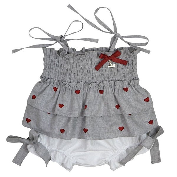 Conjunto Bata Com Culote  ou Shortinho Menina Corações Roana - Cinza