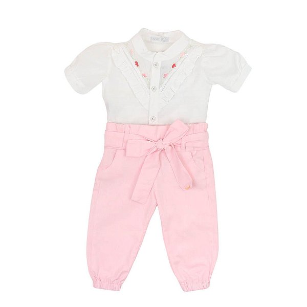 Conjunto Feminino Bordado com Calça Flores