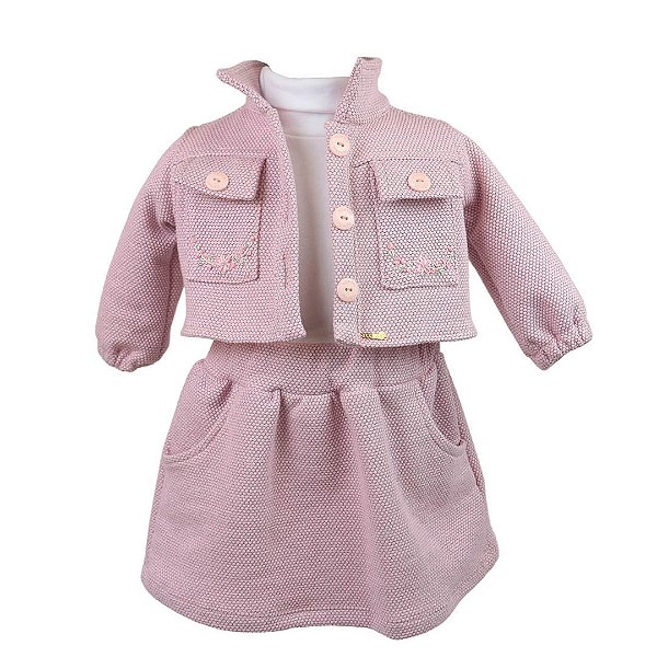 Conjunto Infantil Body ou Blusa Gola Alta com Saia e Casaquinho Favinho Metalic Roana