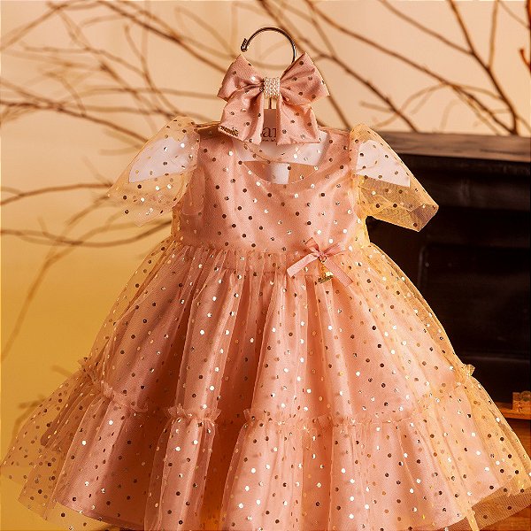 Vestido Infantil Bolinhas Douradas Roana