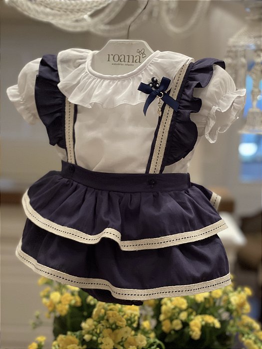 Jardineira Babado com Body - Marinho