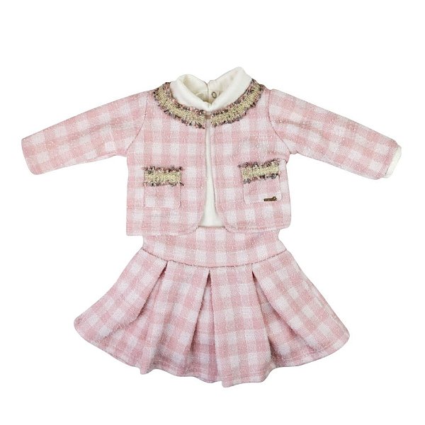 Conjunto Body Gola Alta com Casaco e Saia Tweed