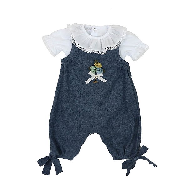 Jardineira Infantil com Body Feminino Xadrez e Flores Roana