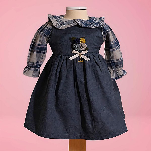 Vestido Infantil Xadrez e Flores Roana