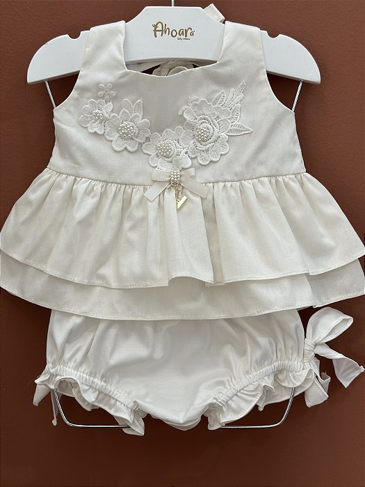 Conjunto Infantil Bata com Culote ou Short Eterna Elegância Off White Roana