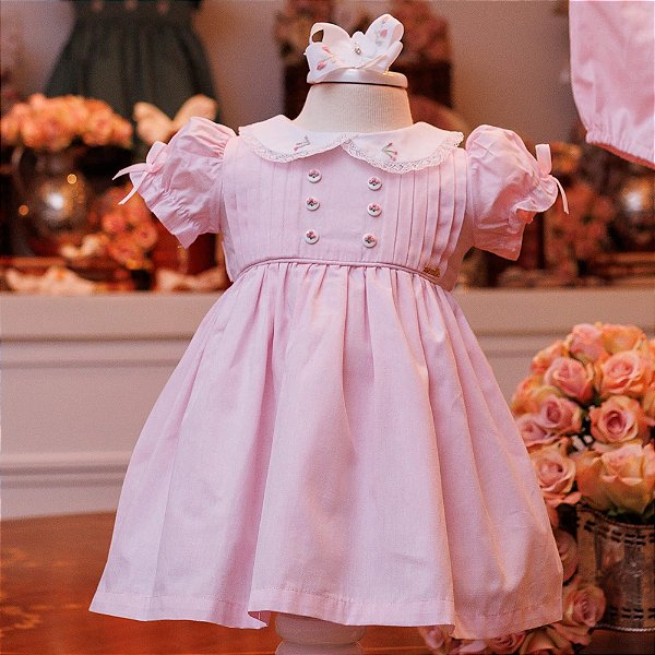 Vestido Infantil Botões de Flores Rosa Roana