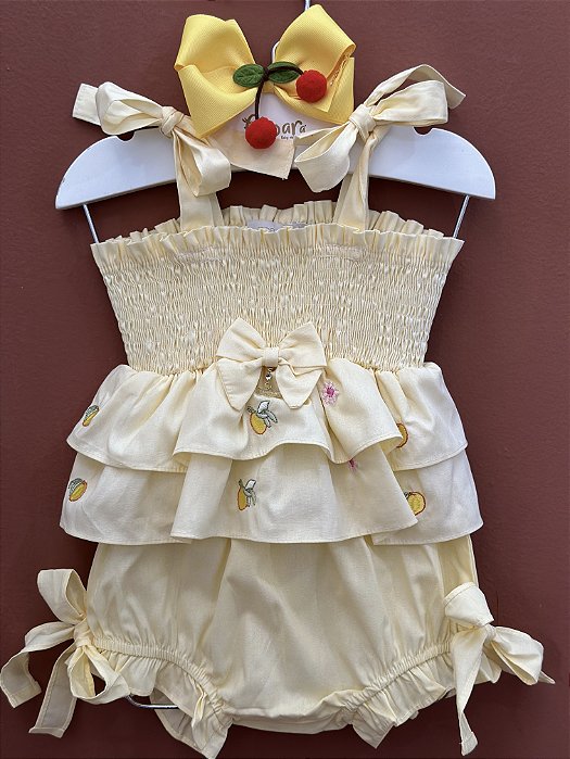 Conjunto Infantil Bata com Culote ou Short Pêssegos e Flores Amarela Roana