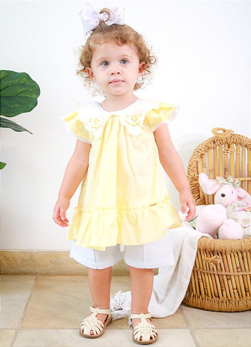 Conjunto Infantil Bata com Culote ou Short Gola Rechilieu Amarela Roana