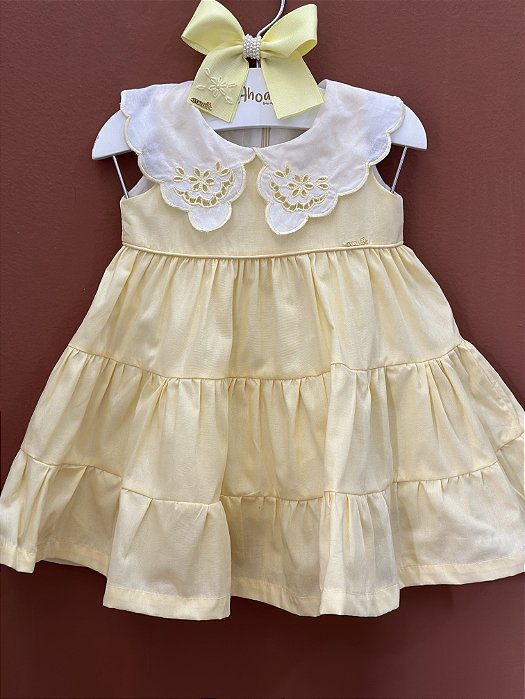 Vestido Infantil Flores Gola Rechilieu Amarelo Roana