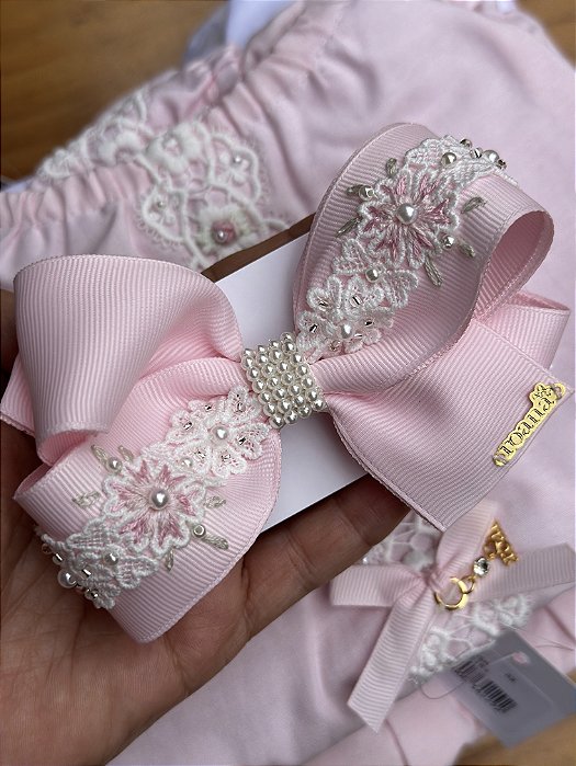 Faixa de Cabelo Infantil com Laço Grande Bordado Flores e Rendas Roana