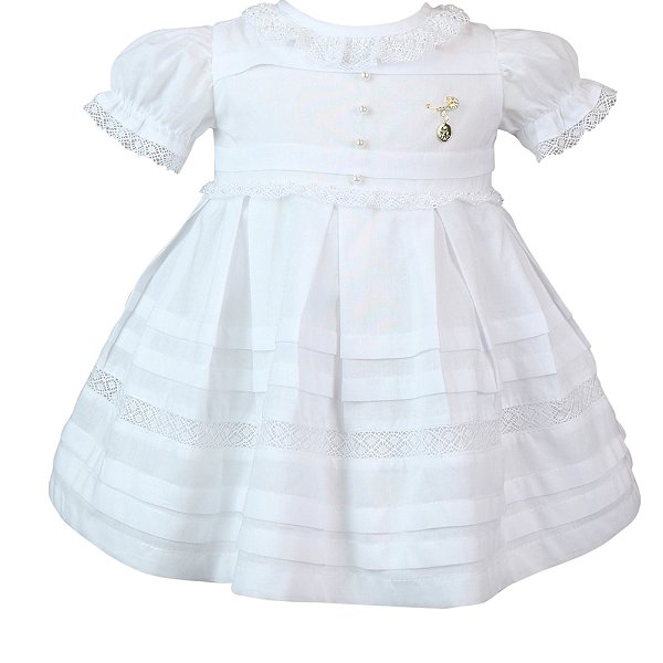 Vestido Infantil de Batizado com Bordados, Rendas e Botãozinho Roana