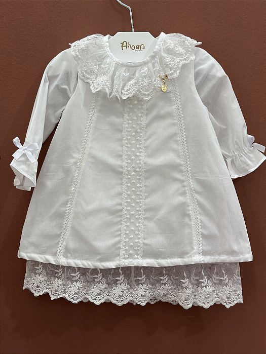 Vestido Infantil de Batizado Bordados e Rendas com Body Delicadeza Roana
