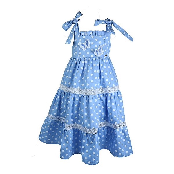 Vestido Infantil Poá das Borboletas Azul Roana