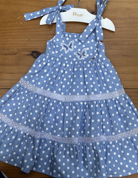 Vestido Infantil Poá das Borboletas Azul Roana