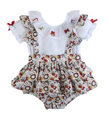Jardineira Infantil com Body Presente Luz de Natal Estampada Roana