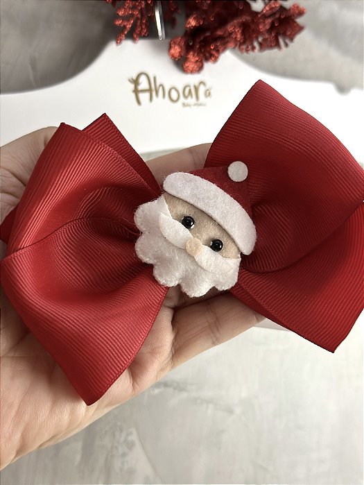 Laço Grande Menina Papai Noel Luz de Natal na Presilha Vermelho Roana