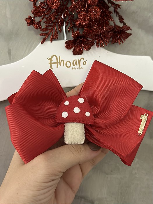 Laço Infantil Grande Menina Cogumelo Luz de Natal na Presilha Vermelho Roana